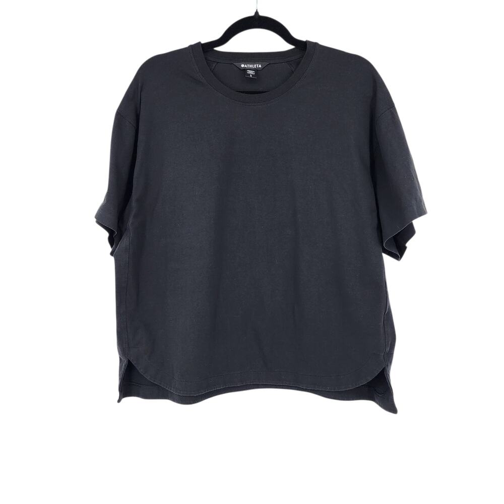 Athleta Charcoal Black Boxy Curved Split Hem Crewneck Short Sleeve Tee Size L